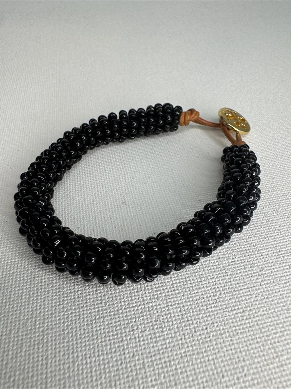 Tory Burch Black Seed Bead & Leather Logo Button Wrap Bracelet